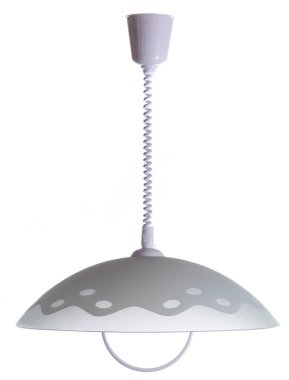 Beyaz arkaplanda izole edilmiş bir kablo sapının üzerinde dalgalı ve daire şeklinde gölgeli klasik gri cam kolye.