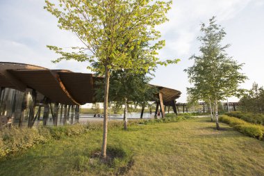 Moskova, Rusya - 08.08.2021 yeşil çimen, ağaçlar, çiçekler, yürüyüş yolu, korse çelik pergola ve yapay gölet. Tyufeleva Roshcha Parkı, Zilart. ! melk peyzaj mimarisi şehir tasarımı