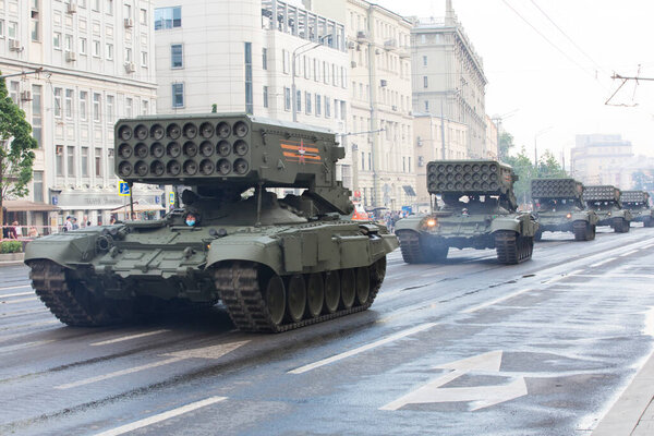 Moscow, Russia - 18.06.2020 Victory Day Parade rehearsal. Russian Army TOS-1 (Heavy Flamethrower System) multiple rocket launcher and thermobaric weapon mounted on a T-72 tank chassis