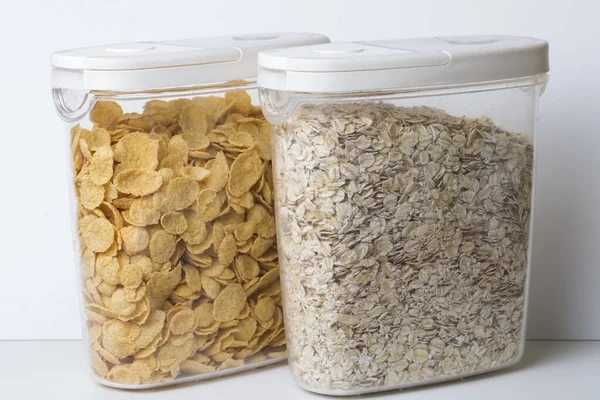 Oatmeal Flakes Corn Flakes Plastic Food Container Jars White Lid — Fotografia de Stock