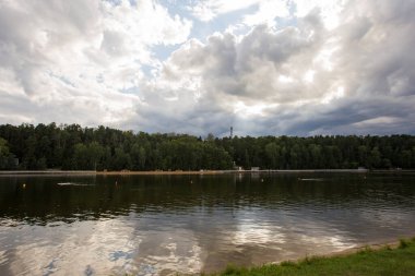 Plaj 2 (iki numara) nehir, çam ağaçları, mavi gökyüzü, arkasında beyaz bulutlar. Serebryany Bor (Gümüş Pinewood) orman parkı. Khoroshevskoye, Moskova, Rusya