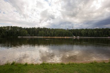 Plaj 2 (iki numara) nehir, çam ağaçları, mavi gökyüzü, arkasında beyaz bulutlar. Serebryany Bor (Gümüş Pinewood) orman parkı. Khoroshevskoye, Moskova, Rusya