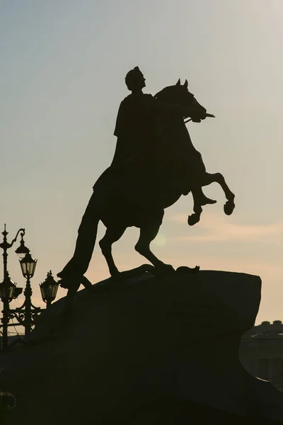 Saint Petersburg Russia 2021 Vertical Close Silhouette Bronze Horseman Sculpture — Fotografia de Stock