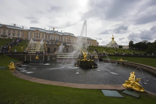 Peterhof Saint Petersburg ロシア 2021サムソンの壮大なカスケードとサムソン噴水黄金の彫刻が背景に宮殿とライオンの顎を引き裂きます — ストック写真