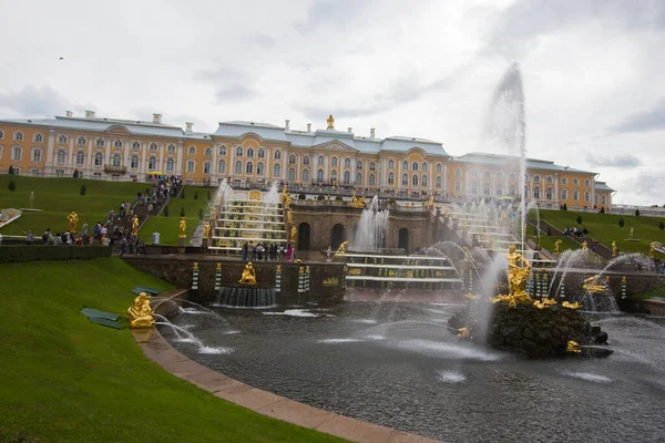 Peterhof Saint Petersburg ロシア 2021サムソンの壮大なカスケードとサムソン噴水黄金の彫刻が背景に宮殿とライオンの顎を引き裂きます — ストック写真