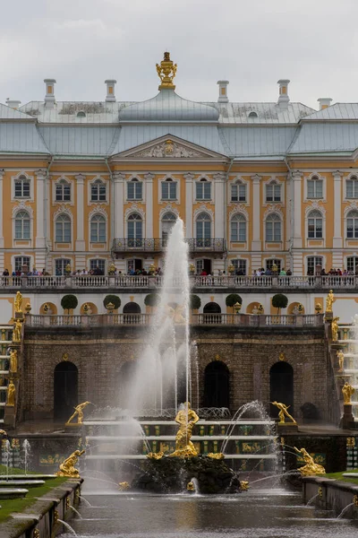 Peterhof Saint Petersburg ロシア 2021グランドカスケードとサムソン噴水黄金の彫刻と路地の水の運河を設立 曇った灰色の空の日の垂直ショットの背景に宮殿 — ストック写真