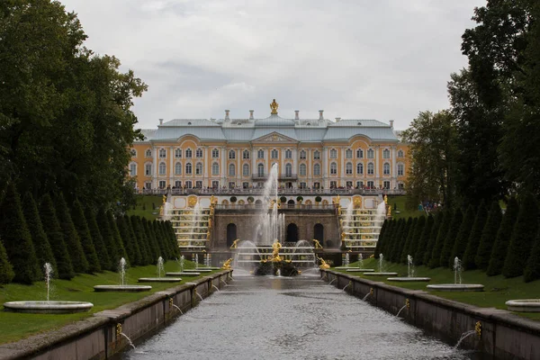Peterhof Saint Petersburg ロシア 2021曇りの灰色の空の日に背景にグランドカスケードとサムソン噴水黄金の彫刻と宮殿と水の運河を設立 — ストック写真