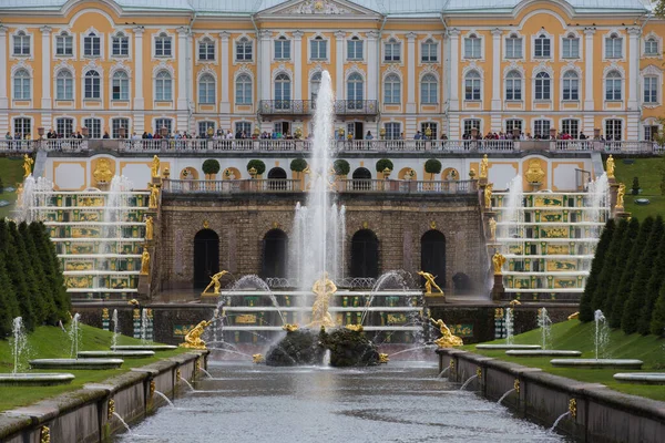 Peterhof Saint Petersburg ロシア 2021曇りの灰色の空の日に背景にグランドカスケードとサムソン噴水黄金の彫刻と宮殿と水の運河を設立 — ストック写真