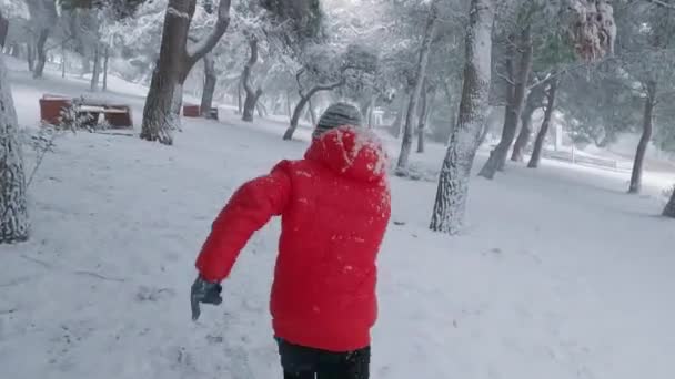 어린이 공원에 눈덮인 나무들 사이로 뒷자리에서 뛰어다니는 보도되었습니다 — 비디오