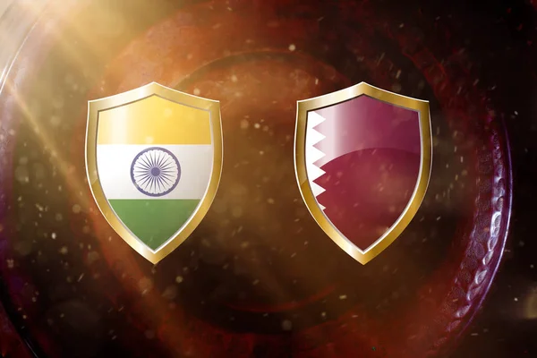 India Och Qatar Flagga Gyllene Sköld Koppar Textur Bakgrund Illustration — Stockfoto