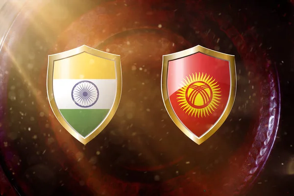 India Och Kyrgyzstan Flagga Gyllene Sköld Koppar Konsistens Bakgrund Illustration — Stockfoto