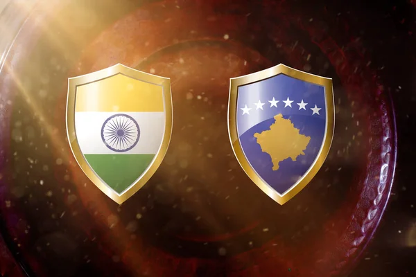 India Och Kosovo Flagga Gyllene Sköld Koppar Konsistens Bakgrund Illustration — Stockfoto