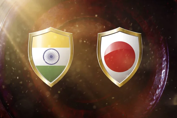 India Och Japansk Flagga Gyllene Sköld Koppar Textur Bakgrund Illustration — Stockfoto