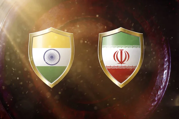 India Och Iran Flagga Gyllene Sköld Koppar Konsistens Bakgrund Illustration — Stockfoto