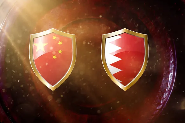 Фарфор Бахрейн Флаг Золотом Щите Фоне Медной Текстуры — стоковое фото
