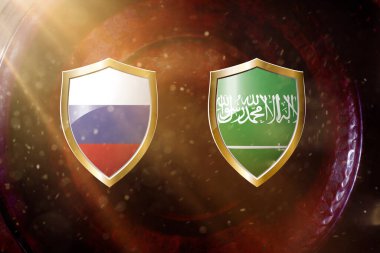 Rusya ve Suudi Arabistan 'ın altın kalkanında bakır desen 33D görüntü.