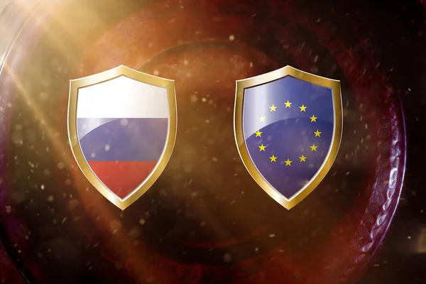 Oroszország Európai Unió Zászló Arany Pajzs Réz Textúra Háttér Illusztráció — Stock Fotó