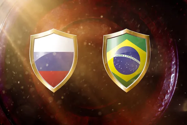 俄罗斯和铜质背景上金制盾牌的巴西国旗 — 图库照片