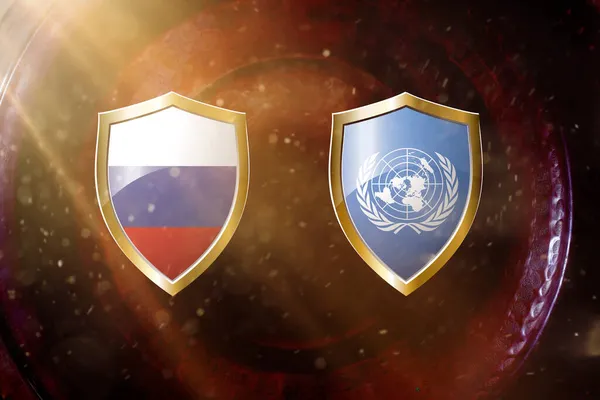 Russia and United Nations flag in golden shield on copper texture background.3d illustration.