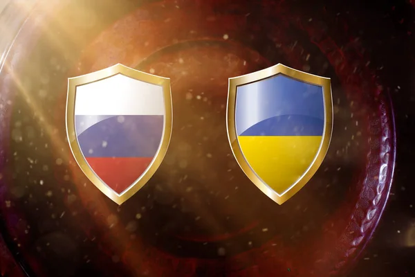 Oroszország Ukrán Zászló Arany Pajzs Réz Textúra Háttér Illusztráció — Stock Fotó