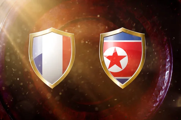 France North Korea Flag Golden Shield Copper Texture Background Illustration — 图库照片