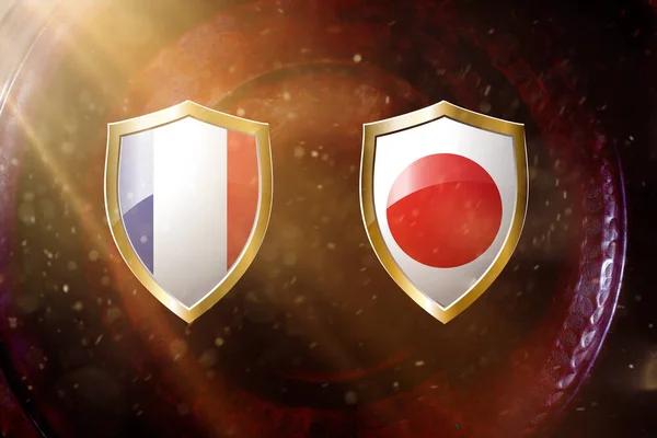 Флаг Франции Японии Золотом Щите Фоне Медной Текстуры — стоковое фото