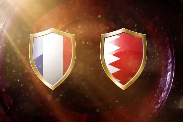 Флаг Франции Бахрейна Золотом Щите Фоне Медной Текстуры — стоковое фото