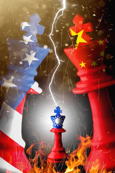 Biz, Çin ve Tayvan bayrakları satranç kralının üzerine boyanmış. 3D illüstrasyon Çin krizine karşı.