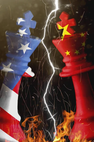 china and us flags paint over on chess king. 3D illustration us vs china.