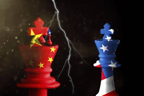 チェスキングの上に中国と台湾と旗が描かれています 3Dイラスト 中国対台湾危機 — ストック写真