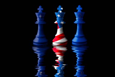 Avrupa Birliği, biz ve Kuzey Atlantik Antlaşma Örgütü (NATO), satranç kralının üzerine bayrakları boyadık. 3B illüstrasyon.