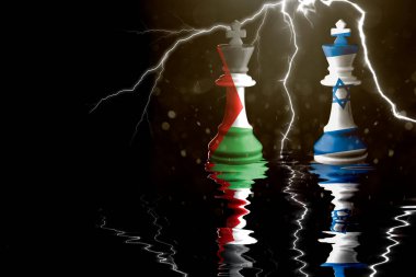 Filistin ve İsrail bayrakları satranç kralının üzerine boyanmış. 3 boyutlu illüstrasyon Filistin İsrail krizine karşı.