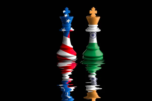 我们和印度的国旗在国际象棋王上挂上了漆 3D插图 — 图库照片#