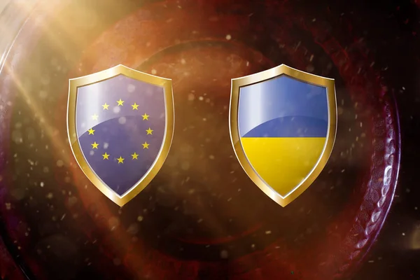 Európai Uniós Zászló Arany Pajzzsal Réz Textúra Hátterén Illustration Ukraine — Stock Fotó