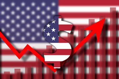 ABD bayrak boyası ABD Doları sembolünün üzerinde. ABD para birimi yükselen kavram .