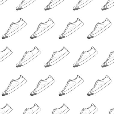 Moda desenli, klasik el yapımı spor ayakkabılı beyaz arka planda, yan manzaralı ayakkabılar. Minimalizm, güzellik ve moda kavramı. Vektör çizgisi çizimi çizimi.