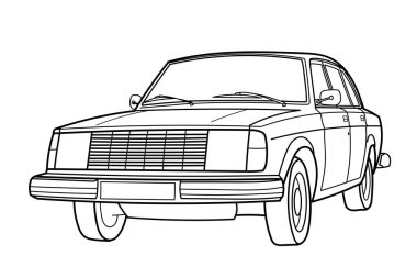 70 'lerin klasik sedan arabası, beyaz arka planda. Çizgi film karalama çizimi. 3B görünüm.