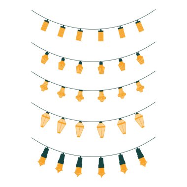 Çelenk seti. Noel ışıkları. Bayram şenlik Noel süslemesi. Renkli ip perisi ışık seti. Parlayan bir çelenk. Düz dizayn. Beyaz arka plan. İzole edilmiş. Vektör illüstrasyonu