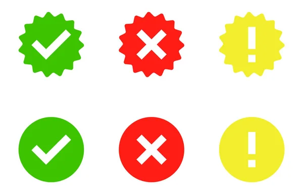 Набор Зеленых Галочек Красных Иконок Желтых Восклицательных Знаков Кнопок Белом — стоковый вектор