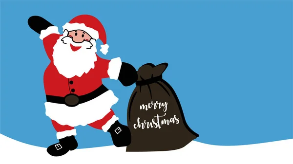 Santa Claus Pulls Big Bag Merry Christmas Text Happy Santa — Stock Vector