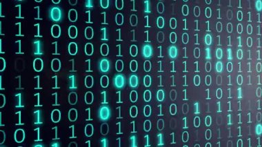 Bilgisayar ekranında gelecekteki dijital ikili veriler. 4K, yanıp sönen sayıların kusursuz döngü hareketi. Soyut arkaplan. Kod, program kavramı.