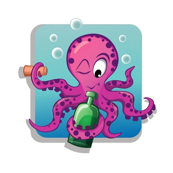 Pulpo de dibujos animados con botella — Vector de stock