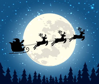 Siluet Noel Baba, Noel gecesi arka planında ren geyiğiyle kızağa biniyor.