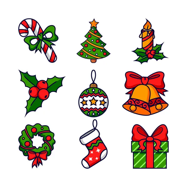 Set Iconos Navideños Árbol Navidad Calcetín Corona Campanas Bastón Caramelo — Vector de stock