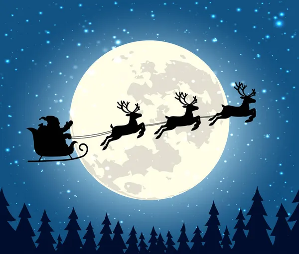 Silhouette Santa Claus Rides Sleigh Reindeer Christmas Night Background — Stock Vector