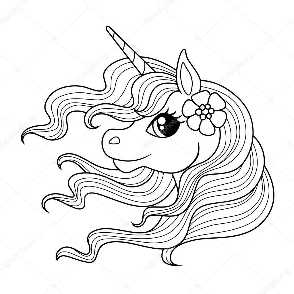 Cute cartoon unicorn head with long mane. Black and white vector illustration for coloring book