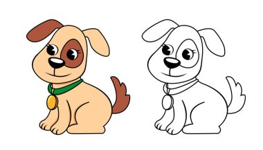 Küçük şirin çizgi film köpeği. Yavru köpek. Boyama kitabı için renk ve siyah beyaz vektör çizimi