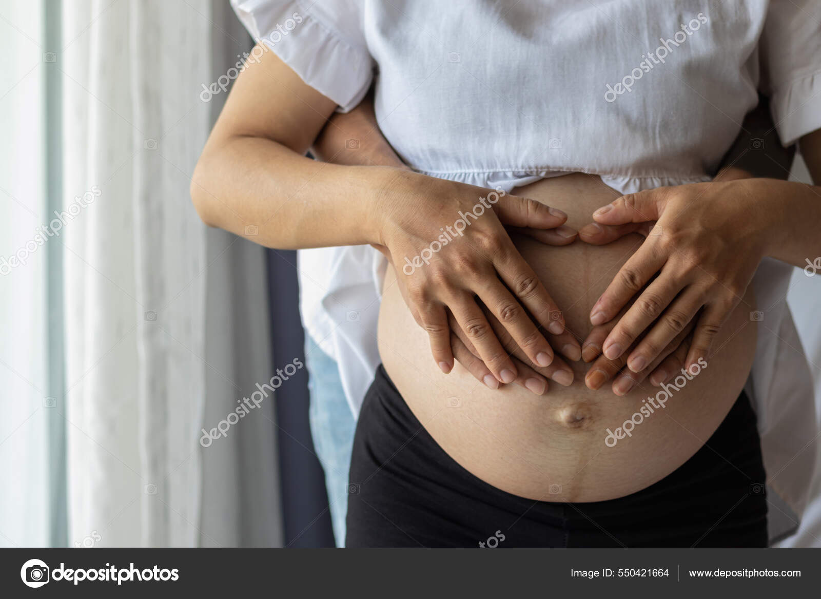Smooth Focus Pregnancy Woman Her Boyfriend Put Hands Womb Show
