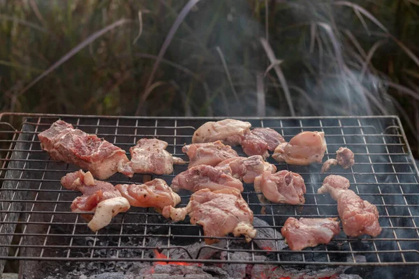 Mięso Jest Grillowane Metalowym Grillu Nad Grillem Węglem Drzewnym Gotowania — Zdjęcie stockowe