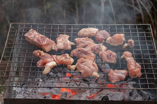 Carne Viene Grigliata Una Griglia Metallica Griglia Carbone Cuocere Barbecue — Foto Stock